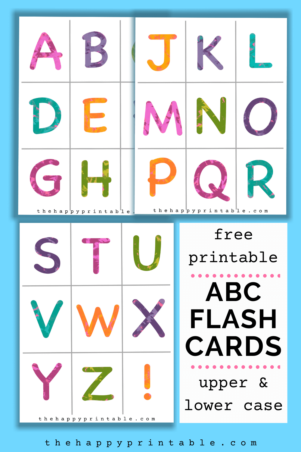 free printable alphabet flashcards in bright colors upper case