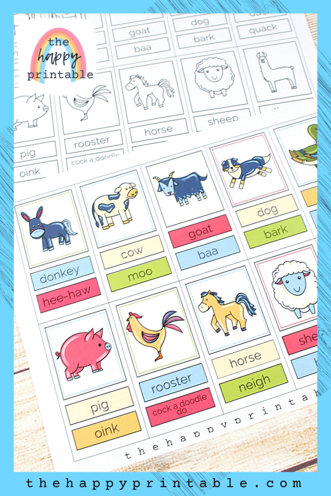 donkey, cow, goat, dog, duck, pig, roster, horse, sheep, and llama flashcards