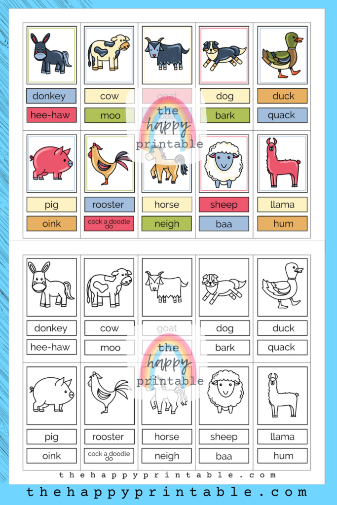 color farm animal flashcards and black and white farm animal flashcards to color