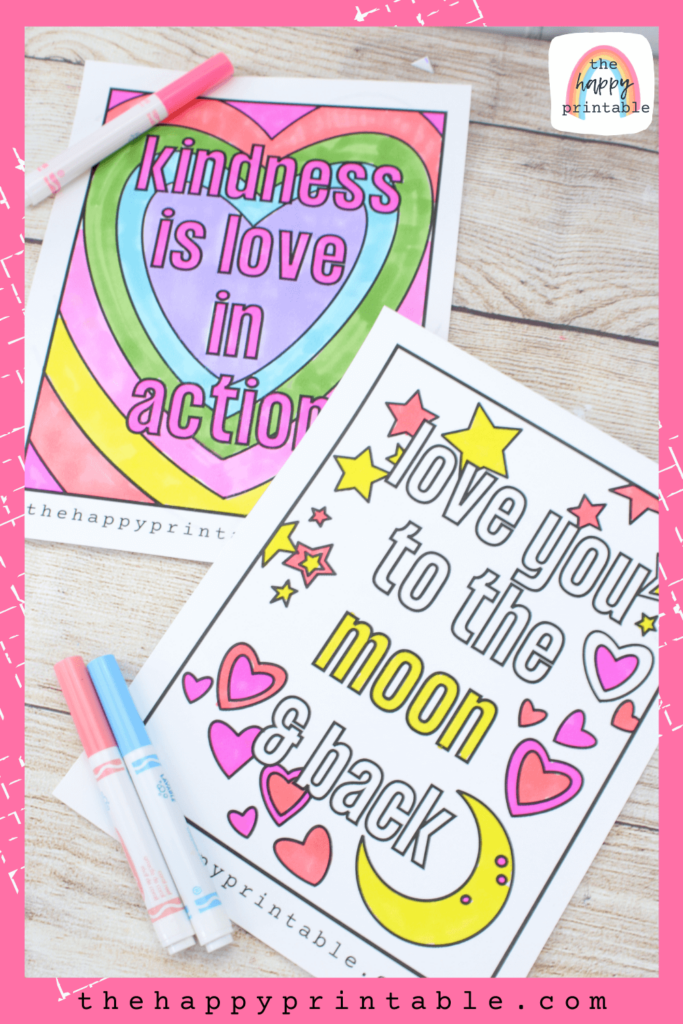 Kindness is love in action coloring page and love you to the moon and back coloring page
