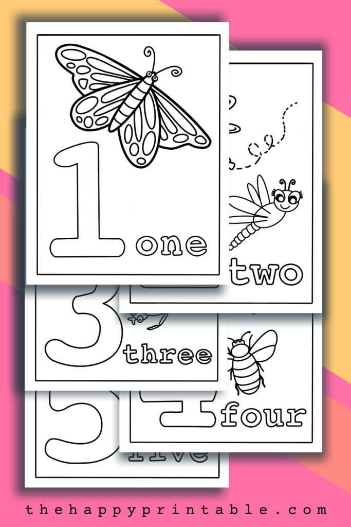 Number coloring pages each feature the digit, the umber word, and a corresponding number of insects.