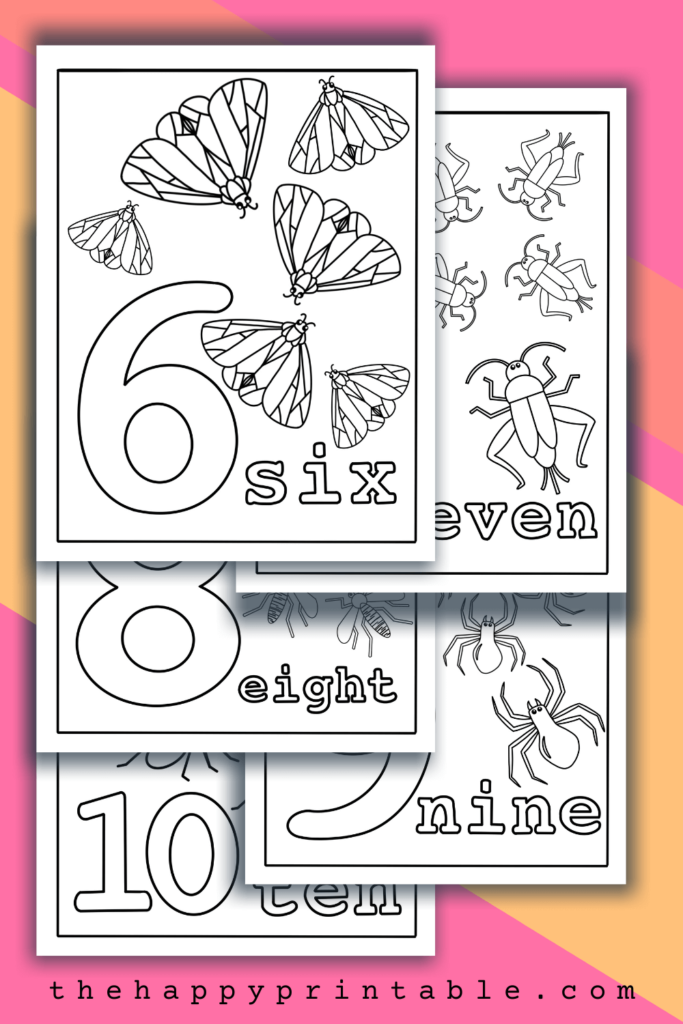 Free printable number coloring pages each feature the digit, the umber word, and a corresponding number of insects.