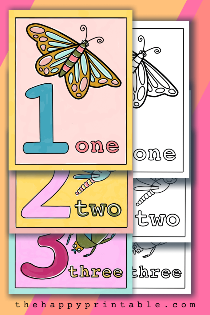 Free printable number coloring pages each feature the digit, the umber word, and a corresponding number of insects.