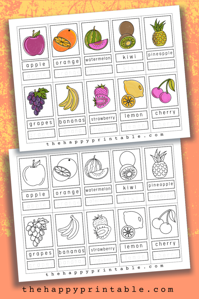 free printable fruit flashcards in color and black and white