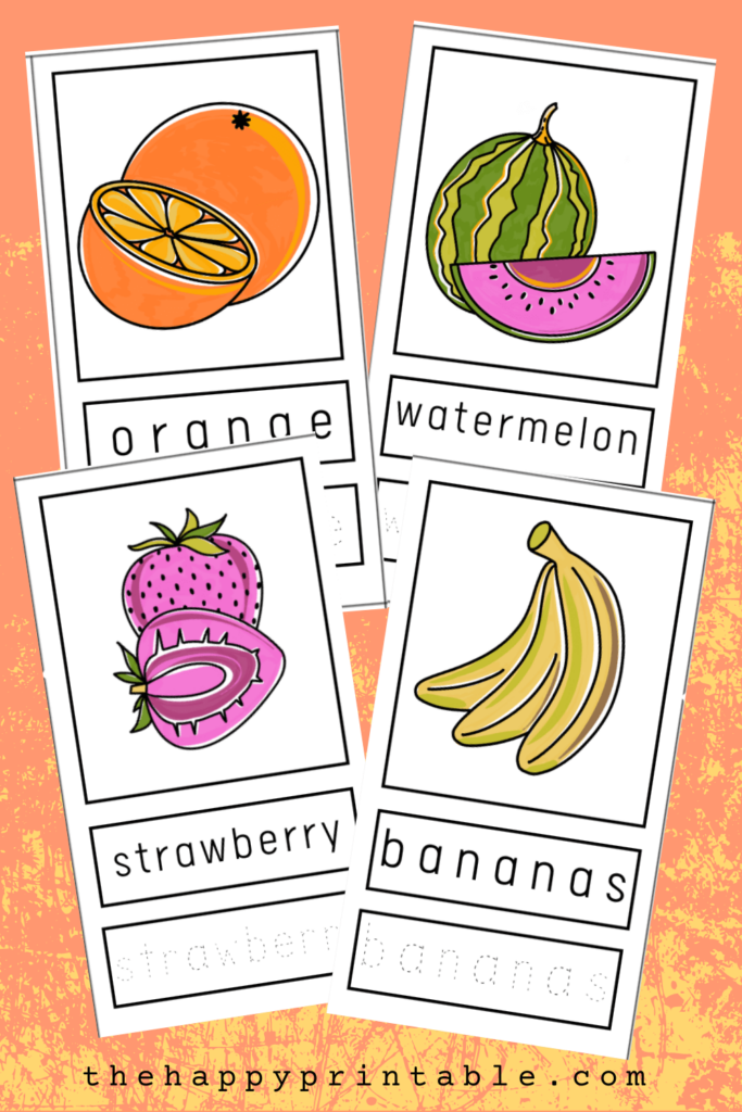 free printable fruit flashcards in color and black and white