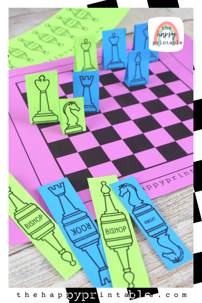 Chess board printable plus printable chess pieces that stand up on their own are free for you to print and use! Perfect for beginners!
