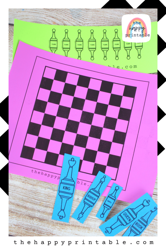 Chess board printable plus printable chess pieces that stand up on their own are free for you to print and use! Perfect for beginners!