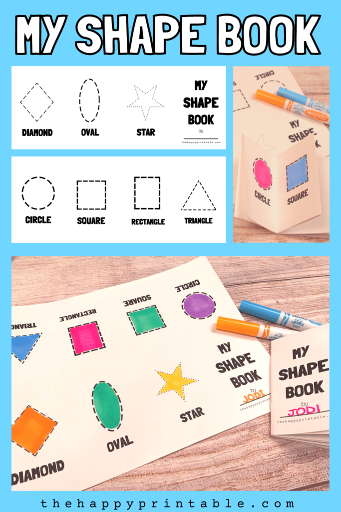 Free printable shape book includes diamond, oval, star, circle, square, rectangle, and triangle shapes.