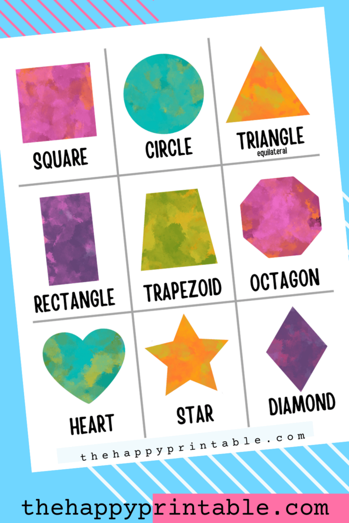 These shapes flashcards will help your child learn shapes including a square, circle, triangle, rectangle, trapezoid, octagon, heart, star, and diamond shape.