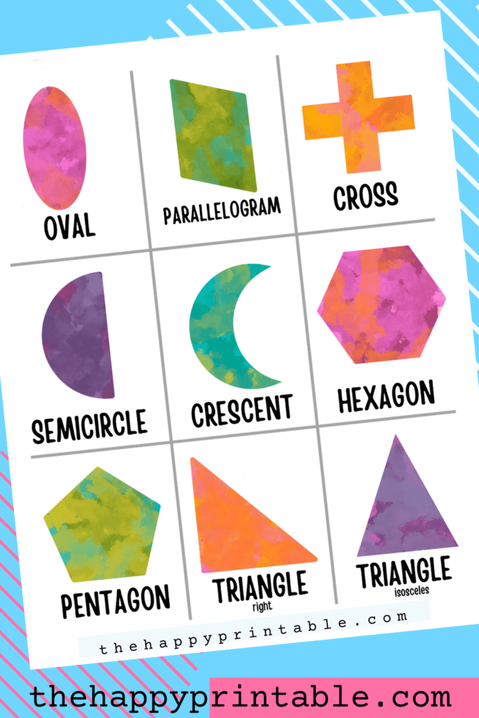 These shapes flashcards will aid your child in recognizing an oval, parallelogram, cross, semicircle, crescent, hexagon, pentagon, and triangle.