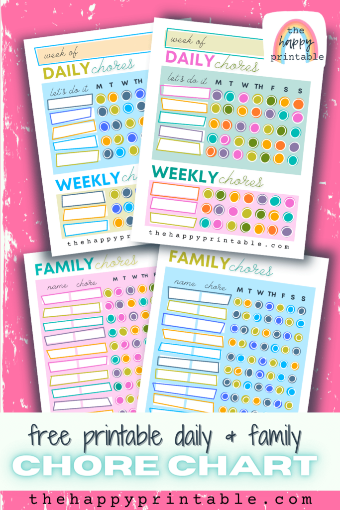 Four pages of free printable chore charts for kids are yours to print!
