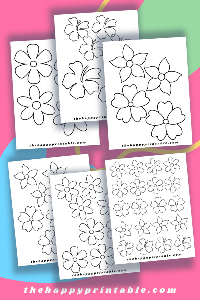 Eleven pages of flower template printables in five different flower shapes and four different sizes.