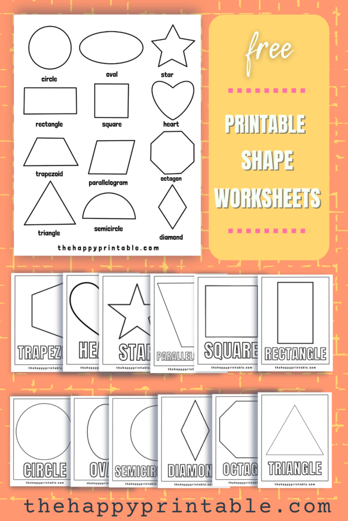 Printable shapes worksheets include trapezoid, heart, star, parallelogram, square, rectangle, circle, oval, semicircle, diamond, octagon, and a triangle.
