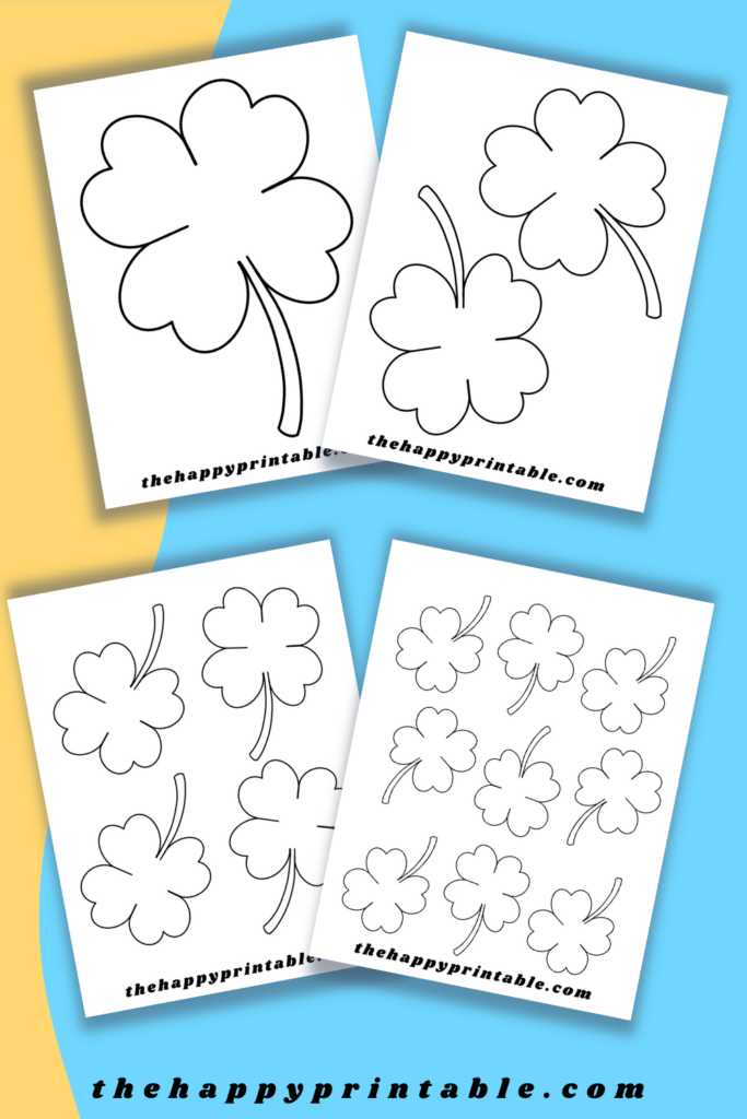 Printable shamrock templates in black and white come in four different sizes.