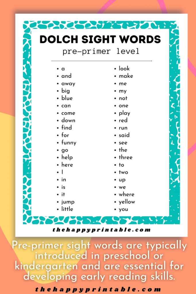 Pre Primer Sight Words Flashcards & More The Happy Printable