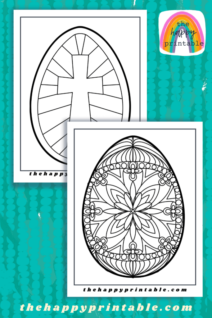 Free pritnable Easter egg coloring pages feature a cross design and a traditional floral design.