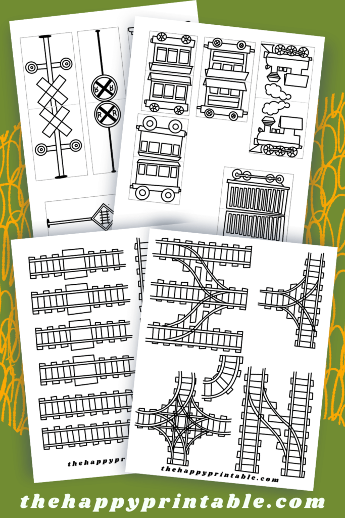 Printable black and white train template and printable train tracks are ready for you to add color and play.