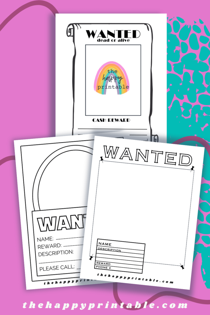 Five versions of hand drawn pretend wanted poster for kids to write and draw about their own pretend villains!