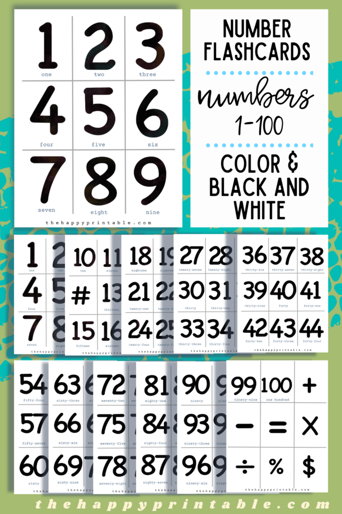 black and white printable number flashcards include numbers 1-100 and function signs