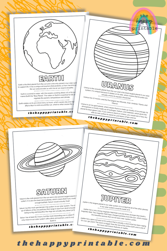 Choose from an Earth coloring page, Uranus coloring page, Saturn coloring page, and a Jupiter coloring page.