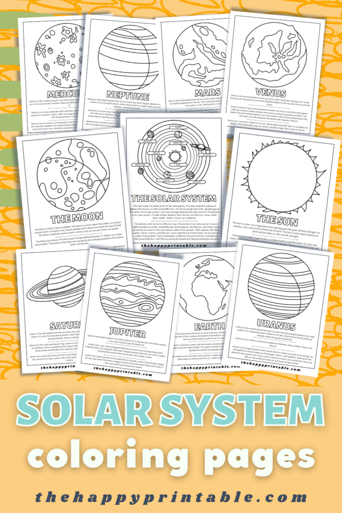 Uranus coloring page, Earth coloring page, Jupiter coloring page, Saturn coloring, sun coloring page, moon coloring page, Venus coloring page, Mars coloring page, Neptune coloring page, and mMercury coloring page