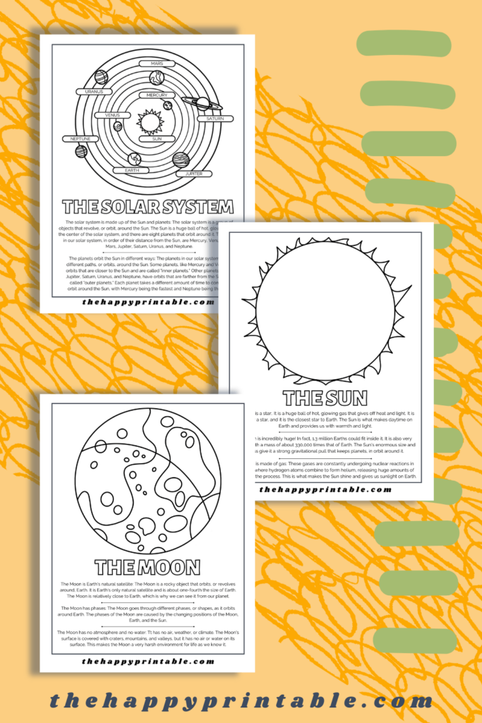 Solar system coloring page, sun coloring page, and a moon coloring page 