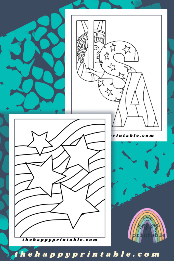 A USA coloring page filled with the Statue of Liberty and the flag and a stars and stripes coloring page are yours to print and color for free!
