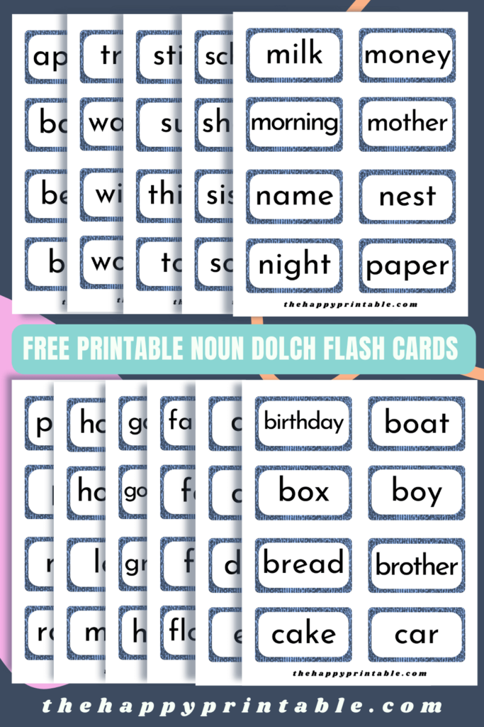 Use these free printable Dolch nouns flashcards to help their child or students practice and reinforce their recognition and understanding of common nouns, which can improve their reading skills and vocabulary development.