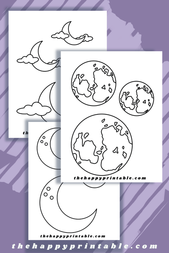 Three pages of hand drawn black and white moon templates are ready for your kids to add their own colors!
