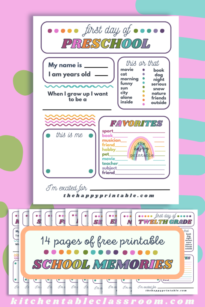 Free school memory printables - each page features a set of back to school questions!