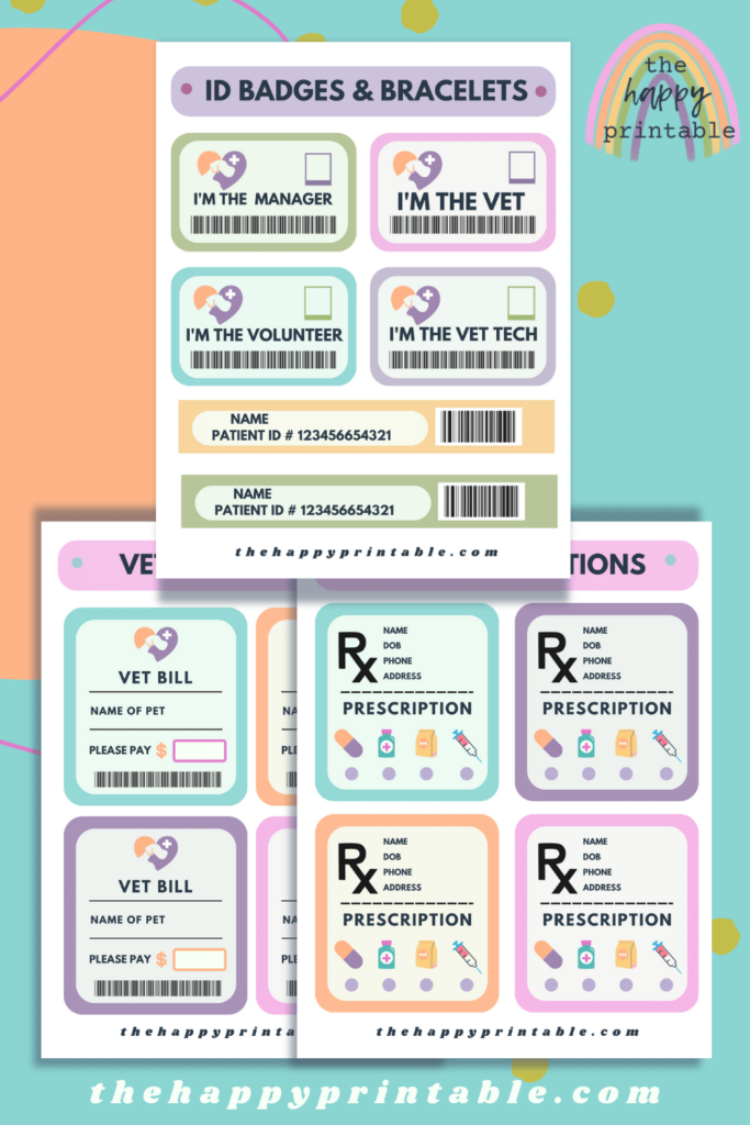 Pretend animal x rays, a vet checklist, pretend invoices and id badges, and more make up these vet office pretend play printables!