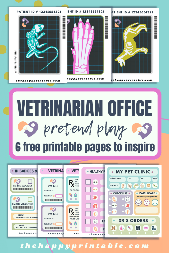 Pretend animal x rays, a vet checklist, pretend invoices and id badges, and more make up these vet office pretend play printables!