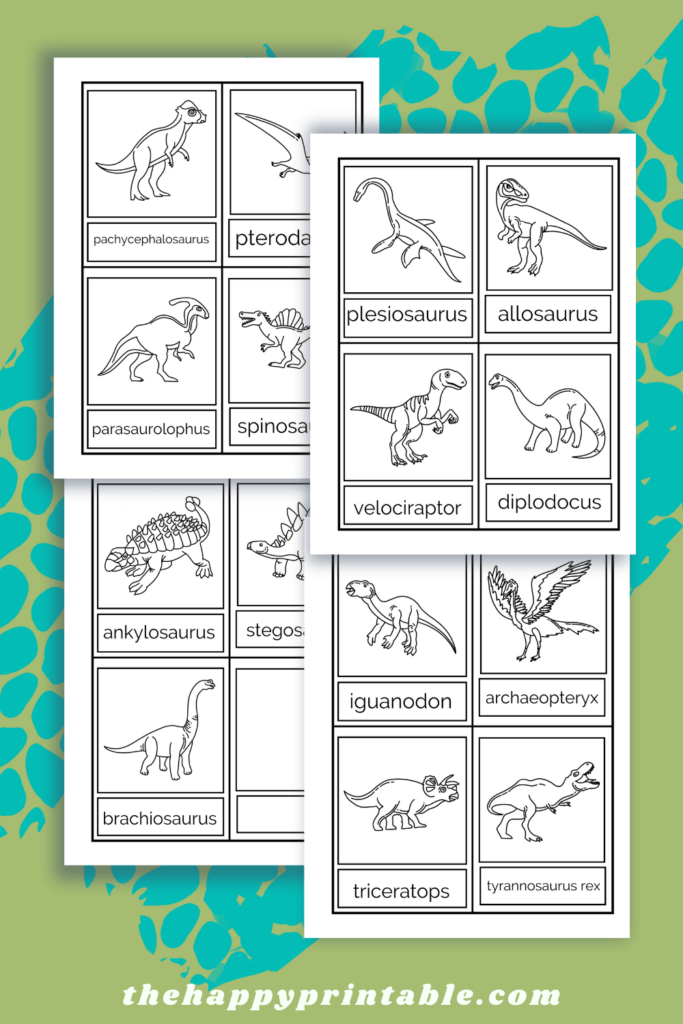 Free printable dinosaur flashcards print in black and white for kids to color on their own